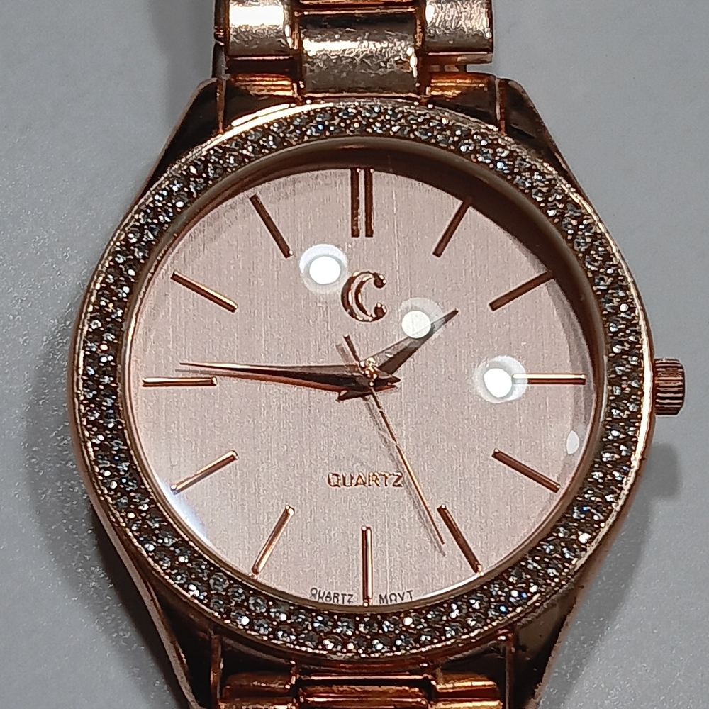 Rose Gold Quartz Watch with Crystal Bezel - Picture 2 of 2